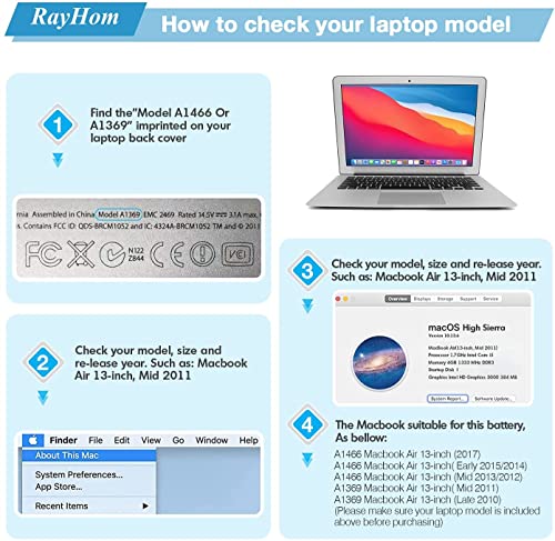 RayHom A1466 Laptop Replacement Battery for MacBook Air 13 inch A1466 (Mid 2012,Mid 2013,Early 2014, Early 2015,2017) A1369(Late 2010,Mid 2011 Version) High Performance 7200mAh fits A1496 A1405 A1377